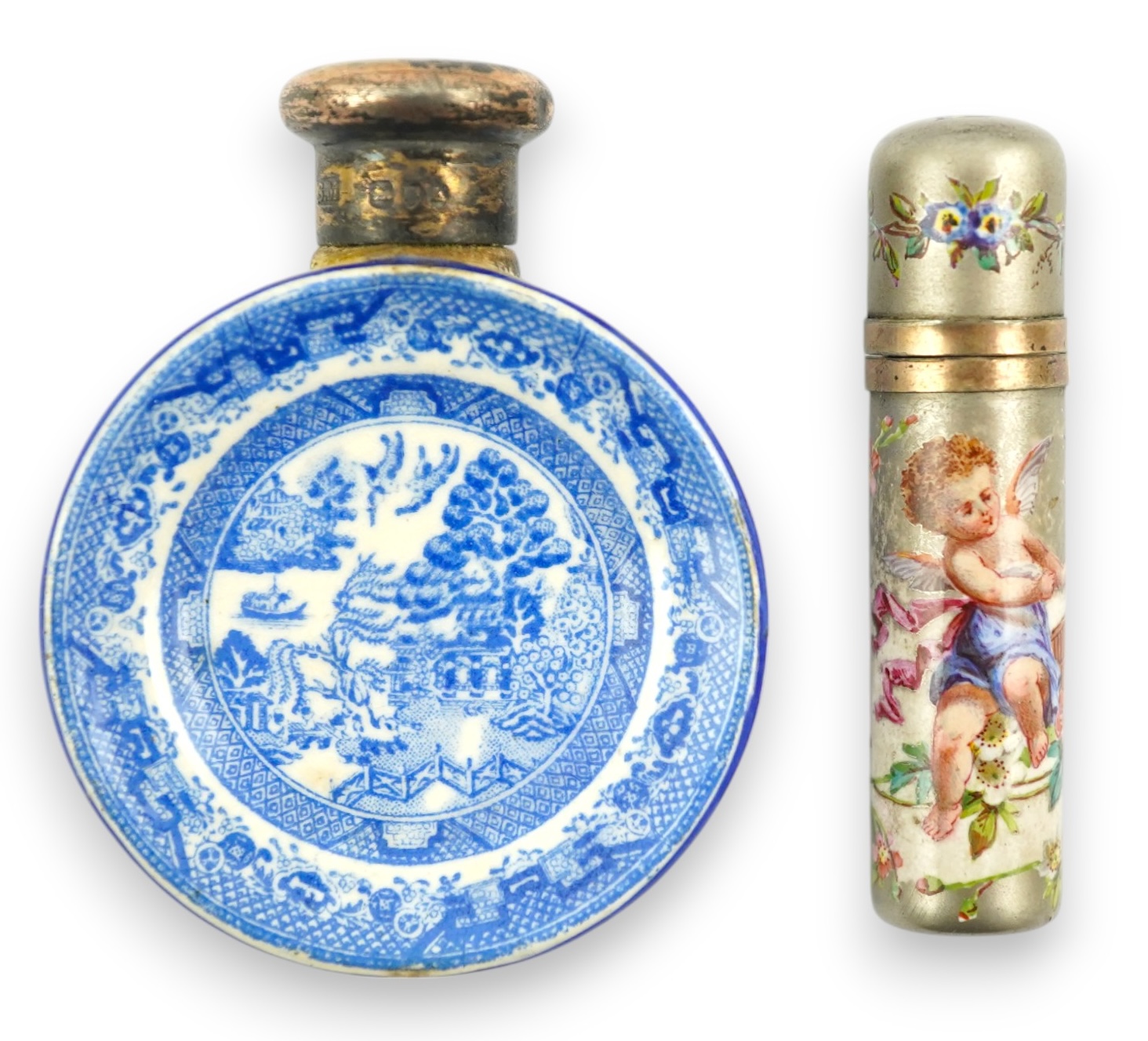 A Victorian white metal and enamel cylindrical scent bottle, 48mm (a.f.) and a late Victorian silver mounted willow pattern scent flask. Condition - poor to fair